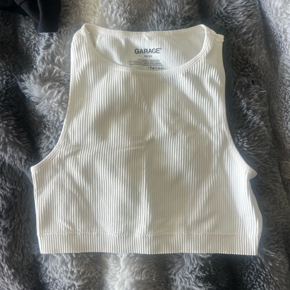 Garage White Ribbed High-Neck Crop Tank/ V- neck tanks